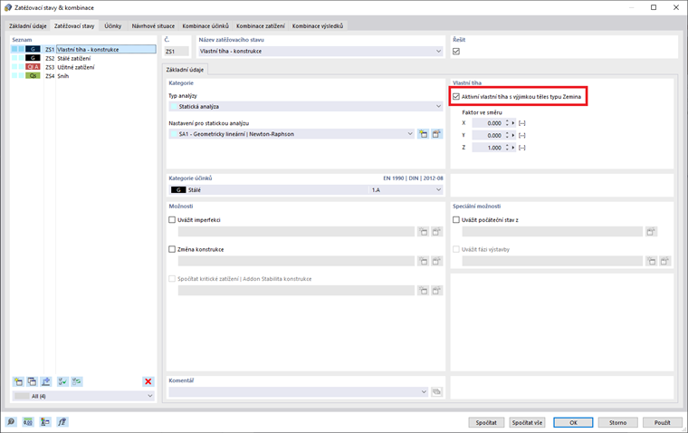 Zatěžovací stavy & kombinace