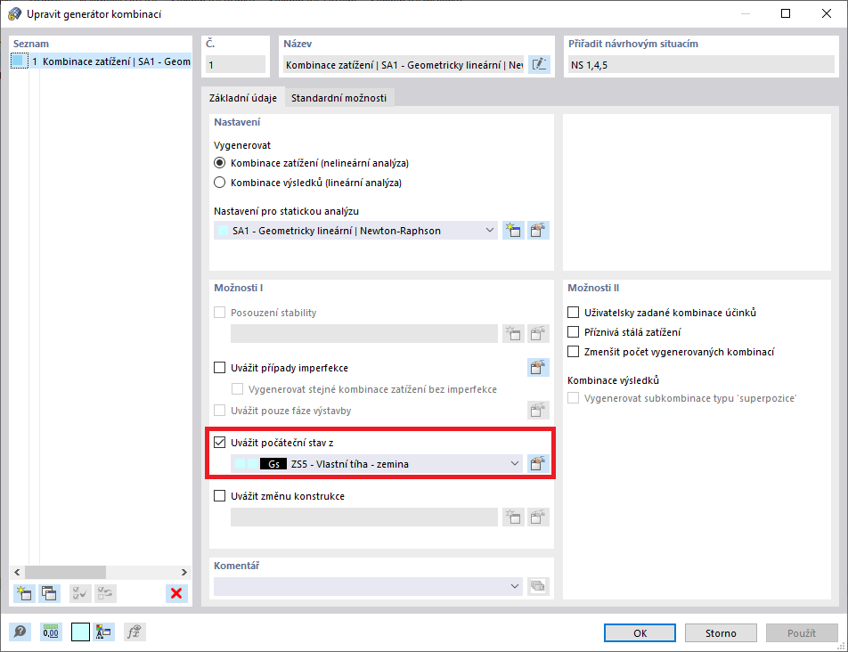 Zohlednění počátečního stavu v Průvodci kombinacemi