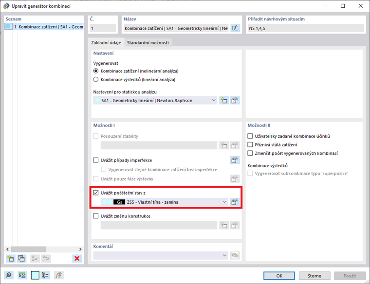 Zohlednění počátečního stavu v Průvodci kombinacemi