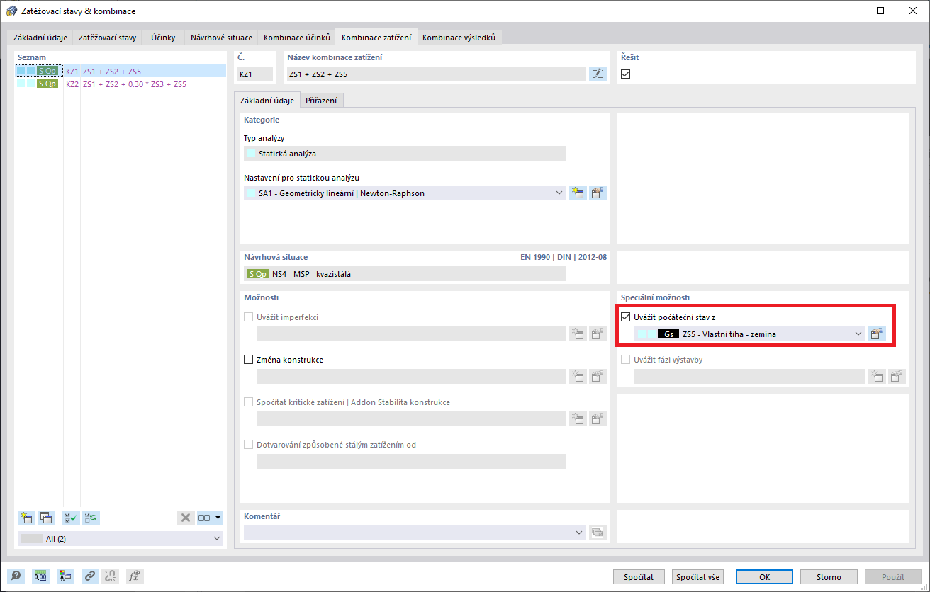 Kombinace zatížení vytvořené pomocí generátoru kombinací