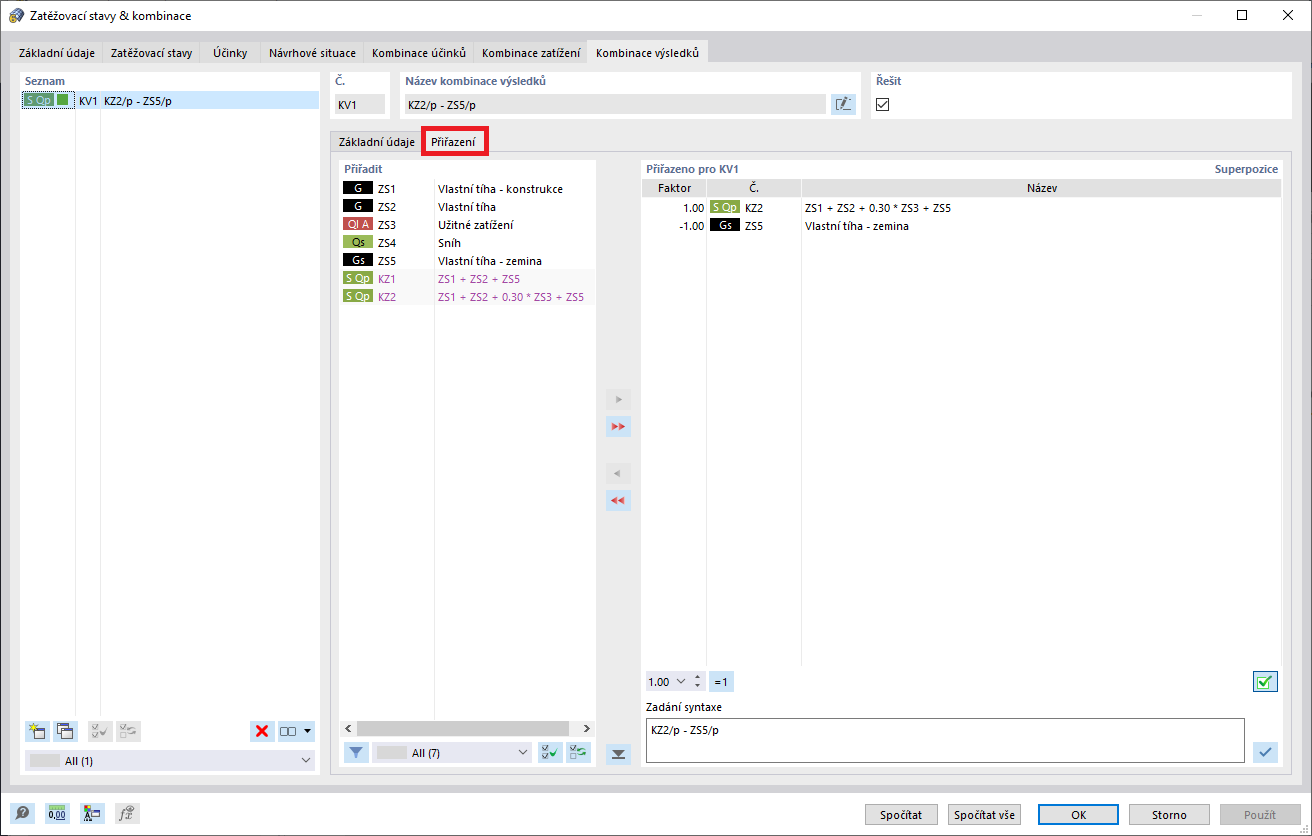 Zatěžovací stavy a kombinace přiřazené kombinaci výsledků