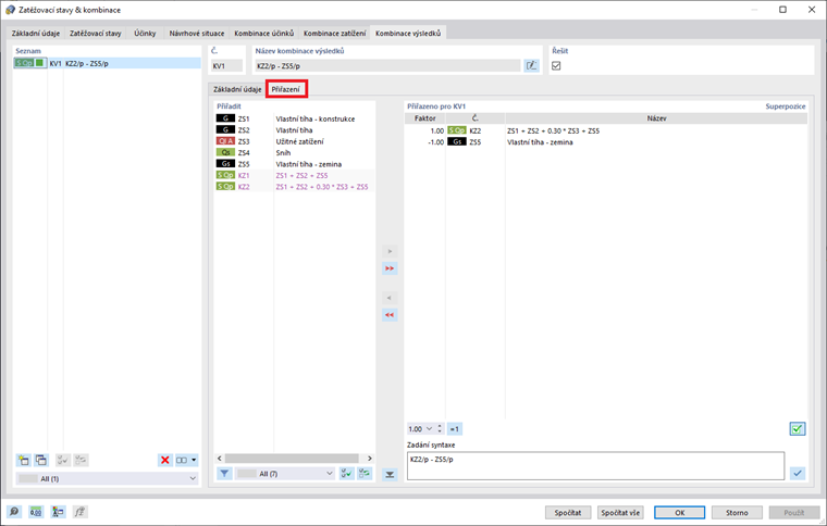 Zatěžovací stavy a kombinace přiřazené kombinaci výsledků