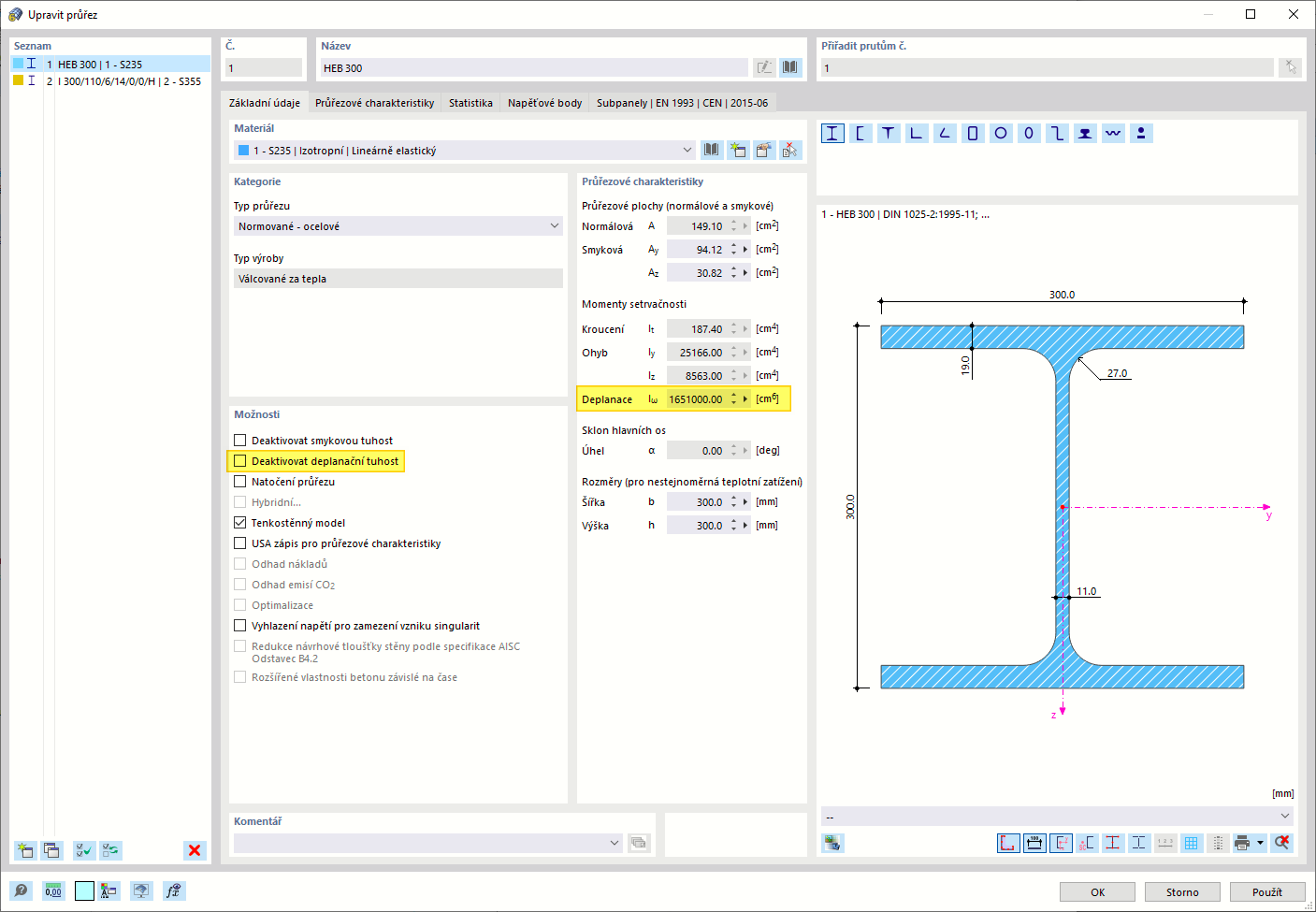 Addon Upravit průřez - možnosti s aktivovaným Warping Torsion (7 stupňů volnosti)