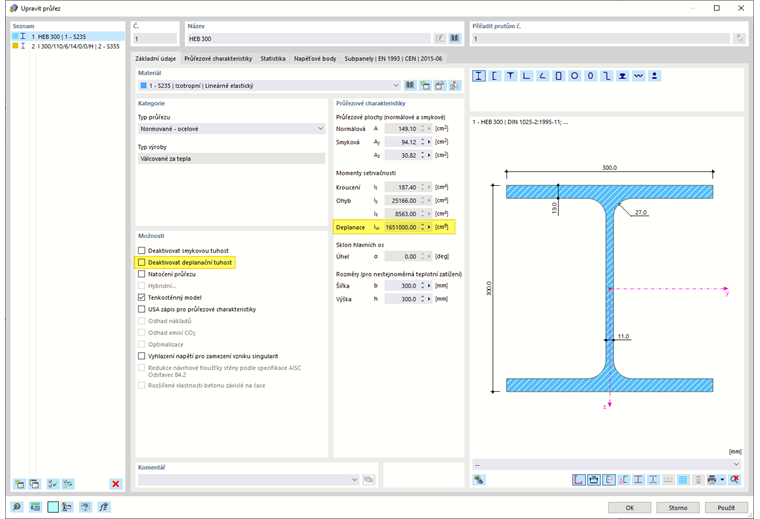 Addon Upravit průřez - možnosti s aktivovaným Warping Torsion (7 stupňů volnosti)