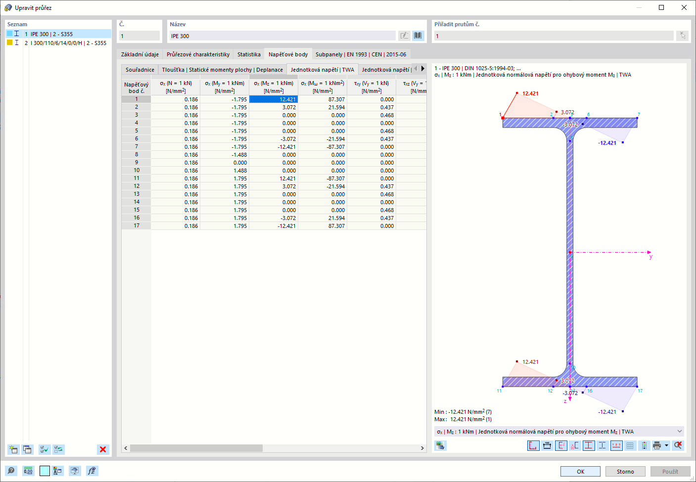 Jednotková normálová napětí pro vázaný moment - tenkostěnná analýza