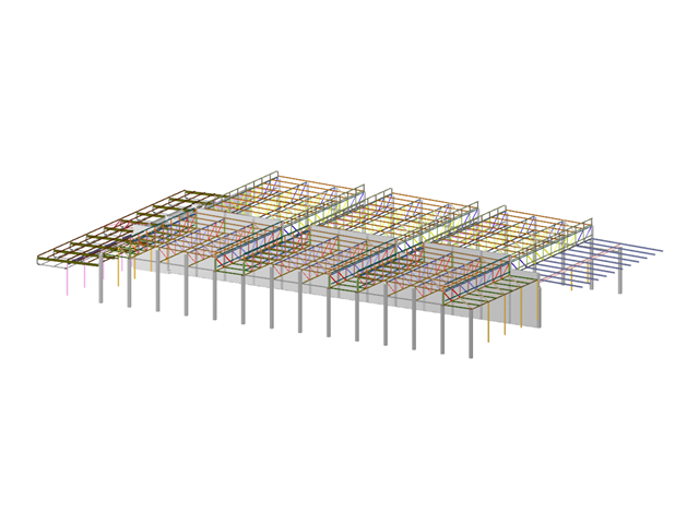 Celkový model hal v programu RFEM (pro účely prezentace, © Isenmann Ingenieure)