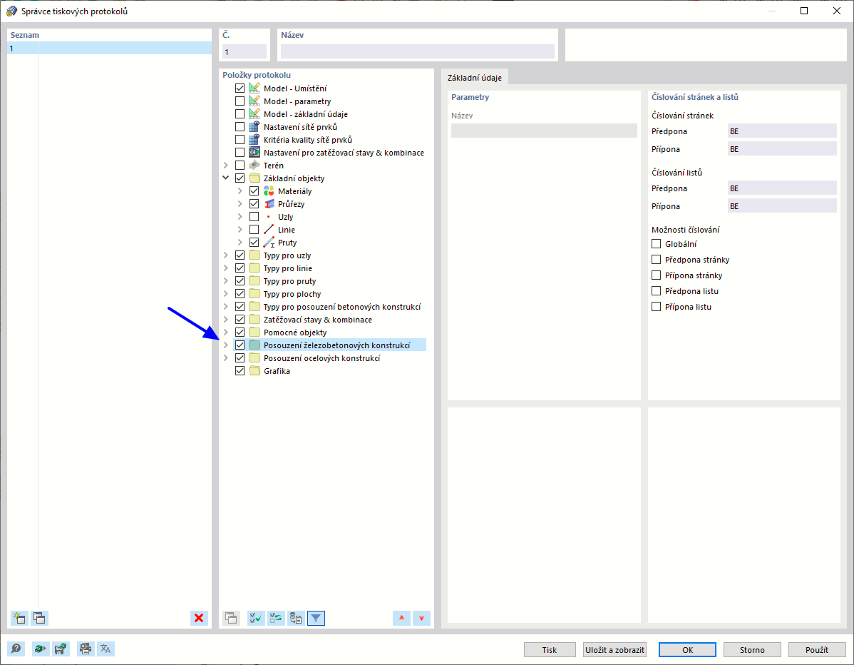 Aktivace dat „Posouzení železobetonových konstrukcí“ ve správci tiskových protokolů