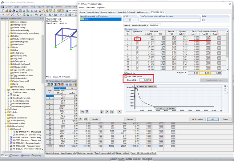 FAQ 005265 | Pro dosažení součtu 90 % účinné modální hmoty potřebuji mnoho vlastních tvarů. Mohu počet vlastních tvarů pro generování