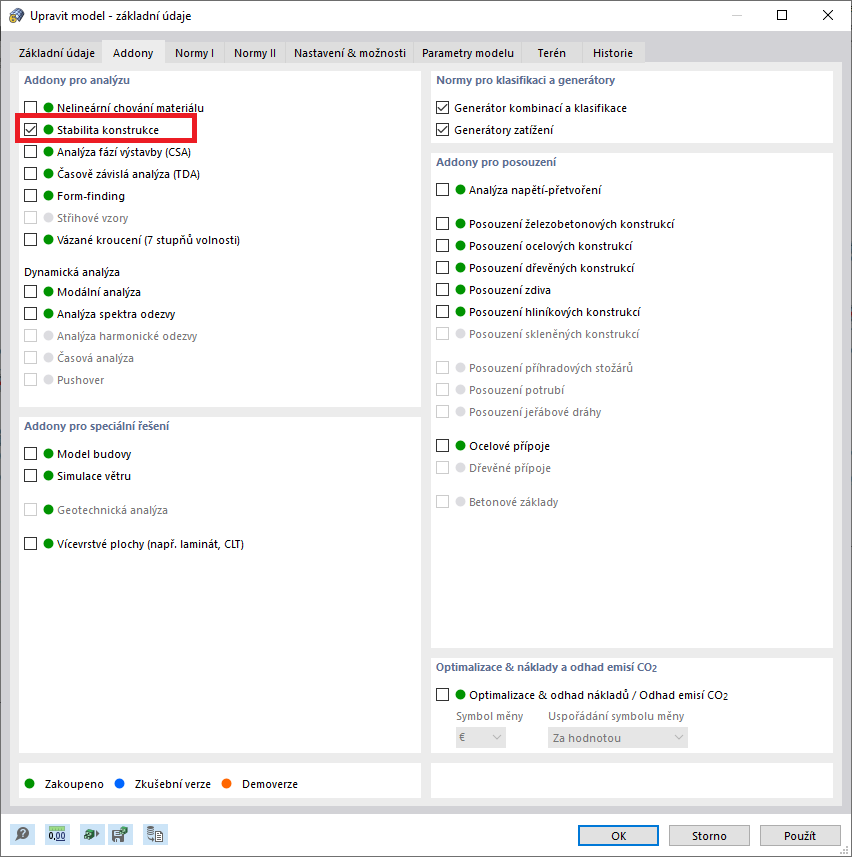 Aktivace addonu Stabilita konstrukce