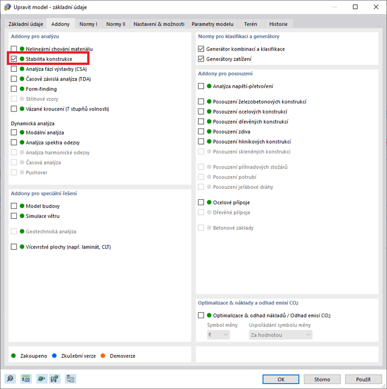 Aktivace addonu Stabilita konstrukce