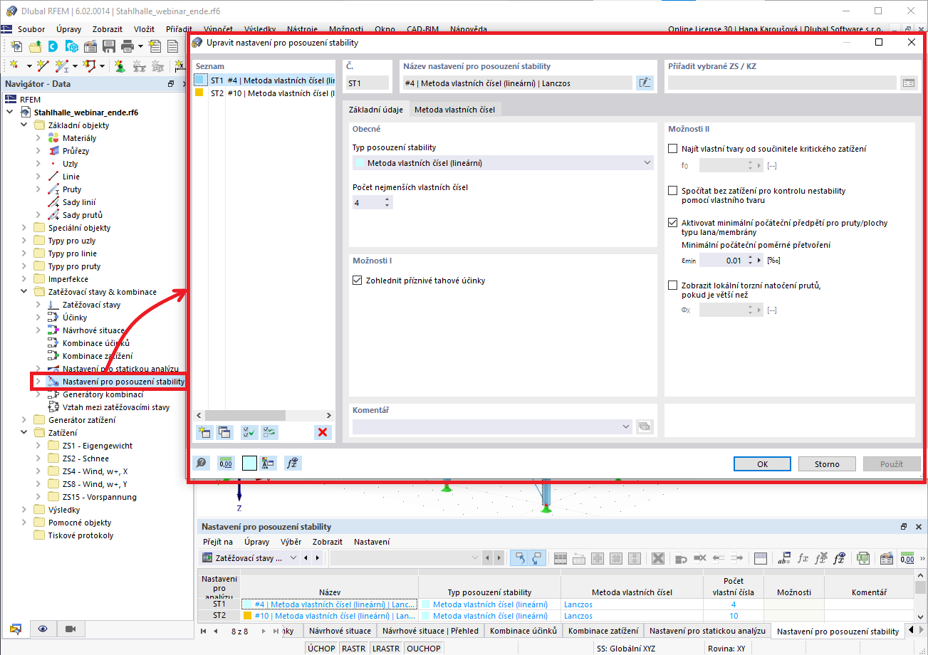 Nastavení pro posouzení stability