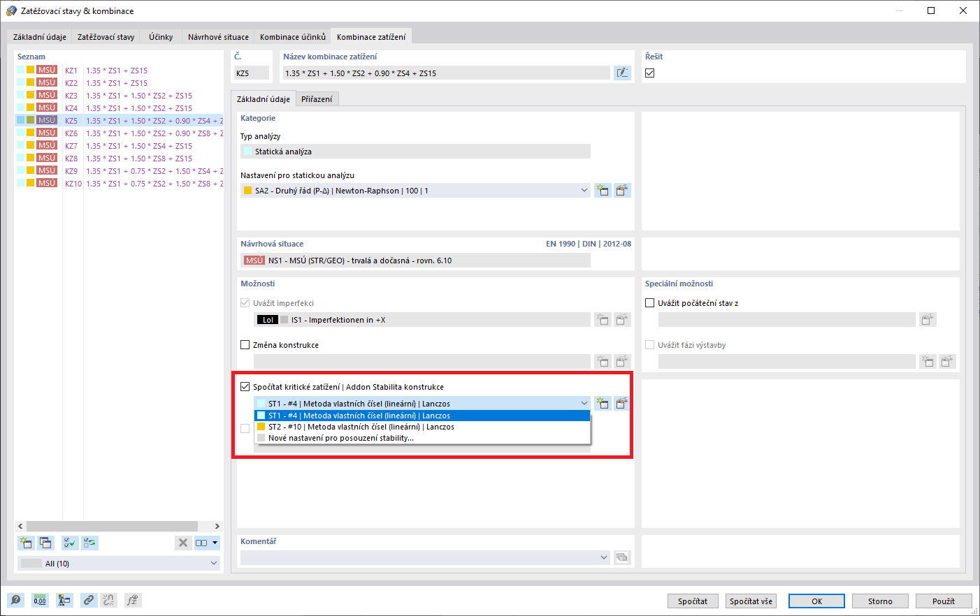 Možnost "Spočítat kritické zatížení" v kombinaci zatížení
