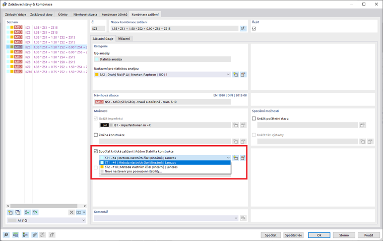 Možnost "Spočítat kritické zatížení" v kombinaci zatížení