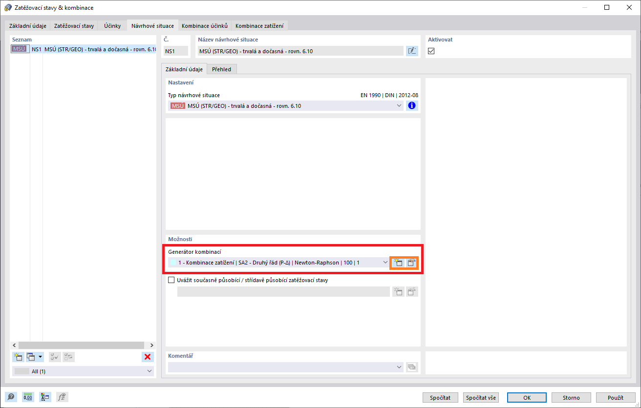 Generátor kombinací v návrhové situaci