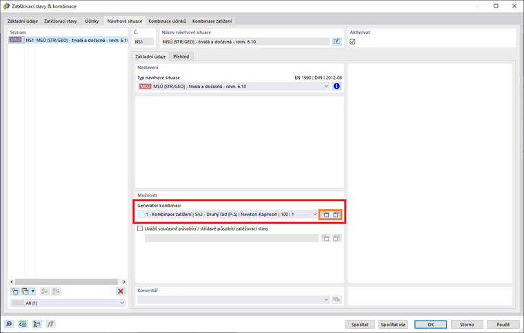 Generátor kombinací v návrhové situaci