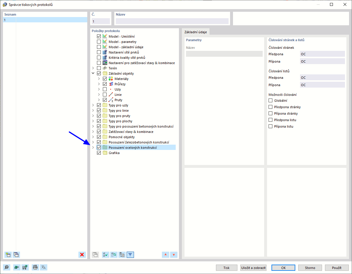 Aktivace funkce 'Posouzení ocelových konstrukcí' ve správci tiskových protokolů