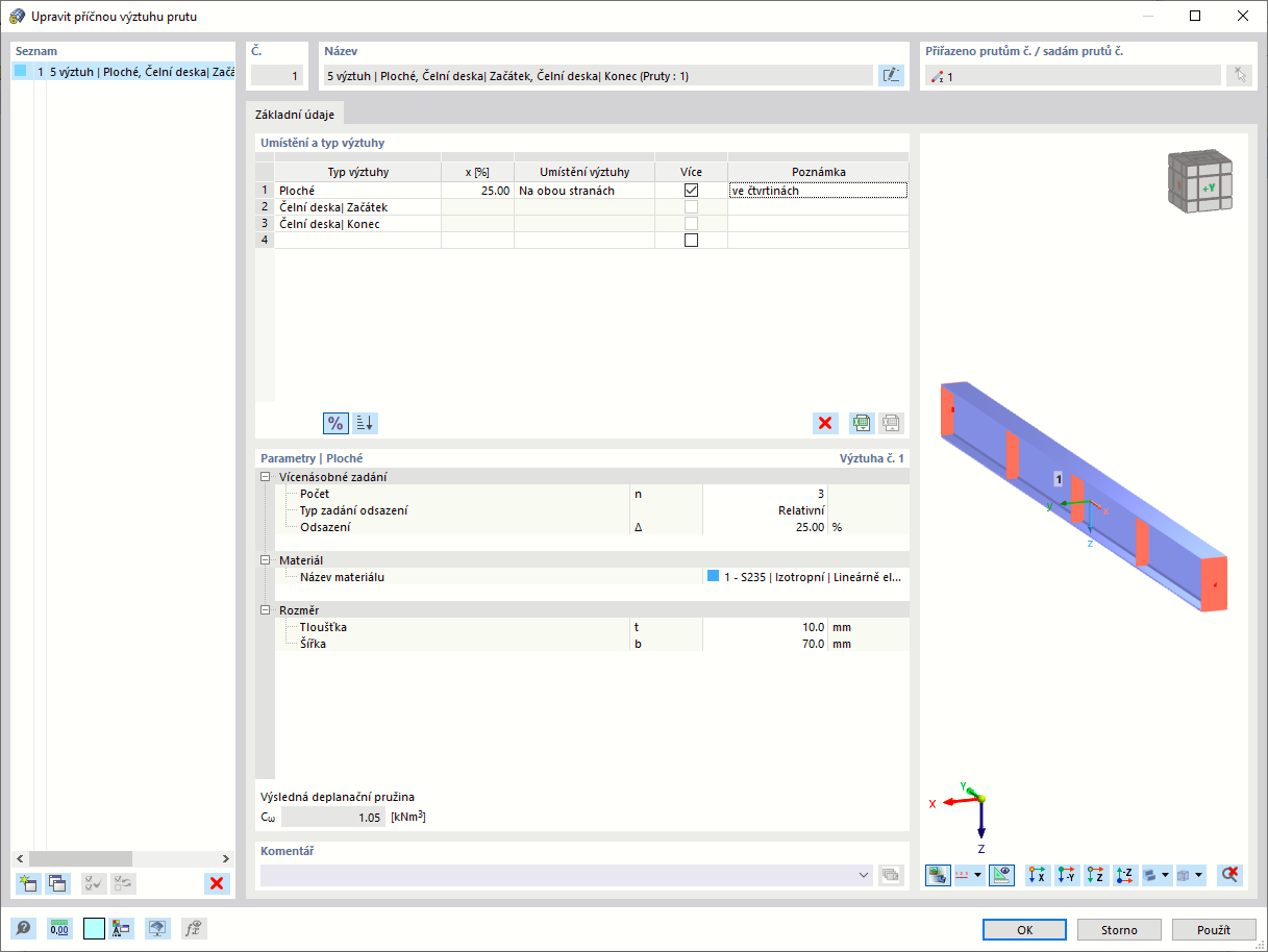 Vícenásobné zadání příčných výztuh v čtvrtinových bodech