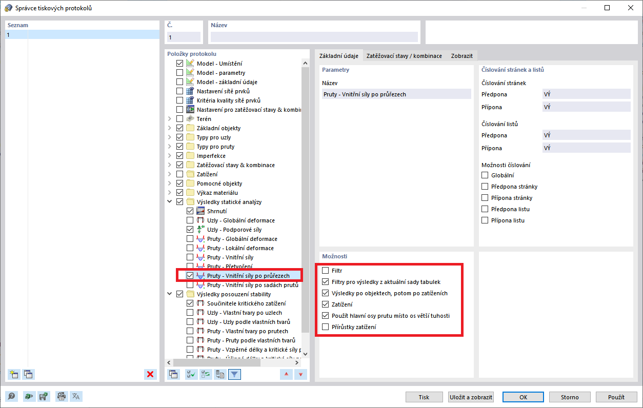 FAQ 005273 | Jak mohu v tiskovém protokolu nechat přehledně vytisknout vnitřní síly?