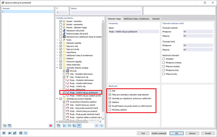 FAQ 005273 | Jak mohu v tiskovém protokolu nechat přehledně vytisknout vnitřní síly?