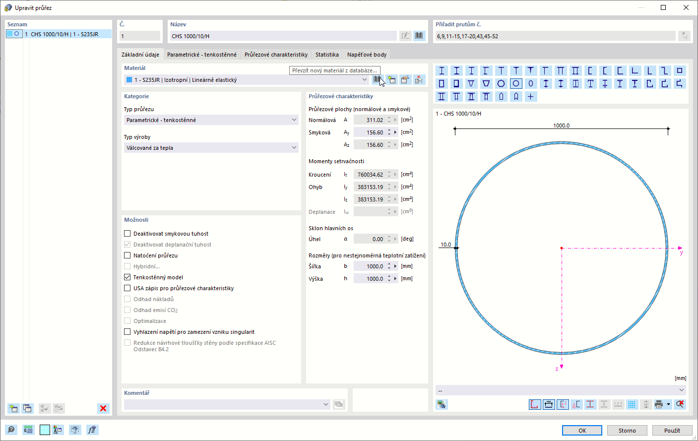 Upravit průřez: Základní údaje