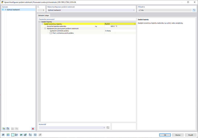 Požární odolnost s ručně zadanou teplotou - posouzení oceli podle EN 1993