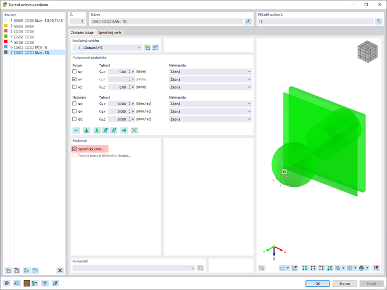 Aktivace volby "Specifický směr" pro uzlové podpory