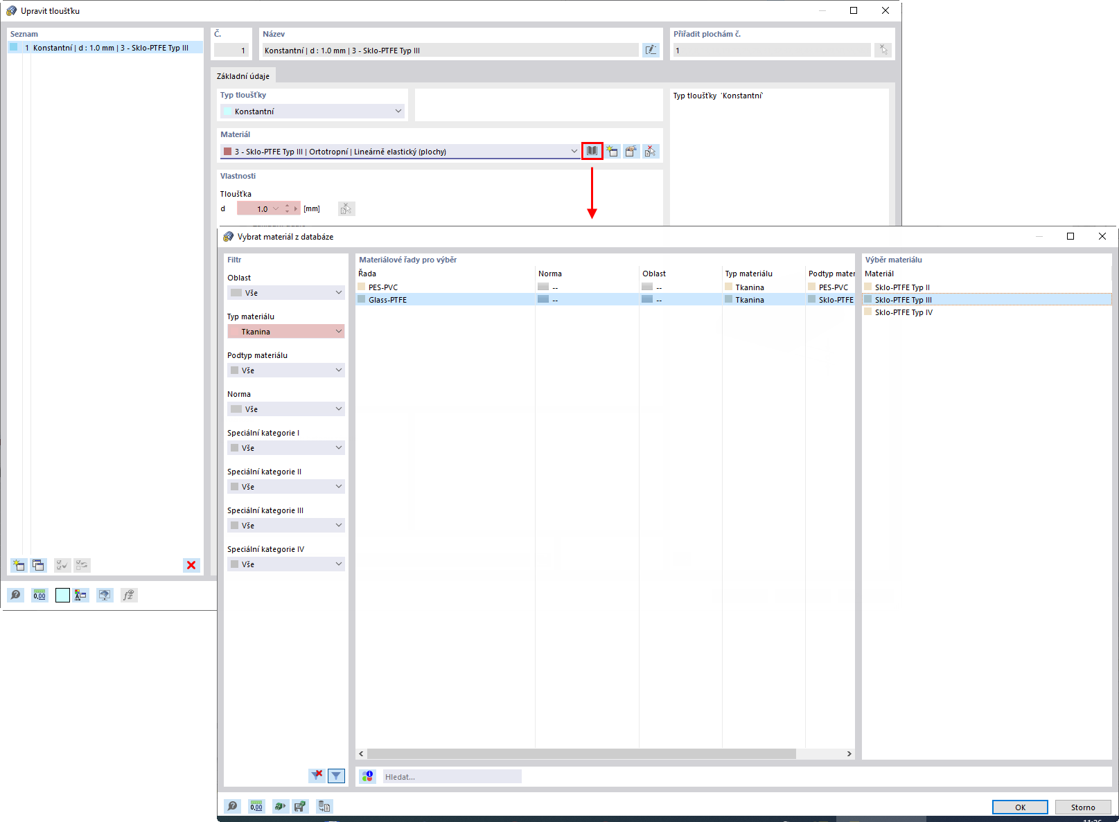 Upravit tloušťku a vybrat materiál