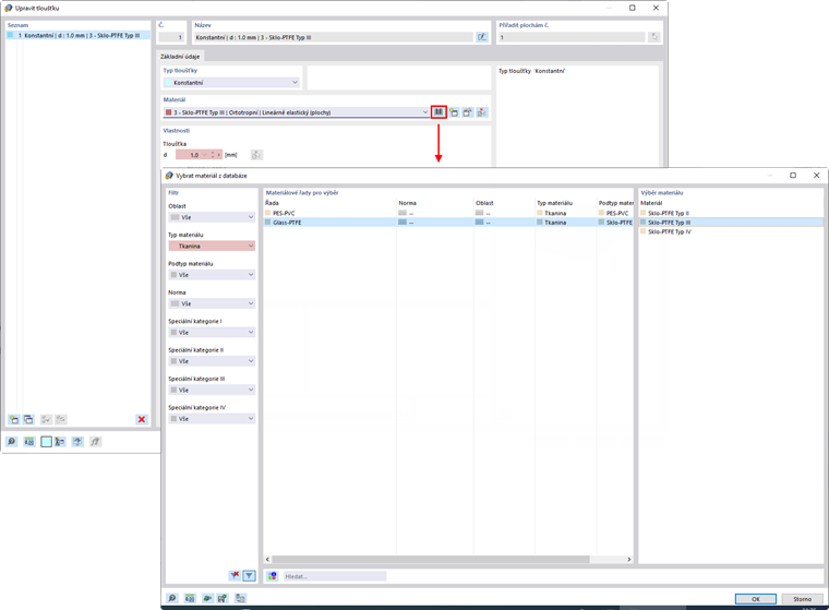 Upravit tloušťku a vybrat materiál
