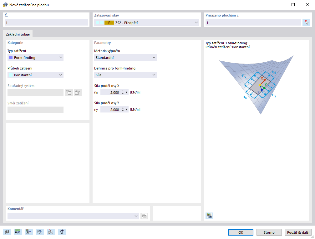 Nové zatížení na plochu pomocí typu „Form-finding“