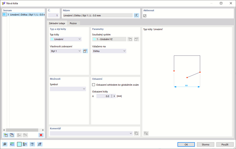 Dialogové okno „Nová kóta“