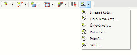 Tlačítka pro kóty v panelu nástrojů CAD