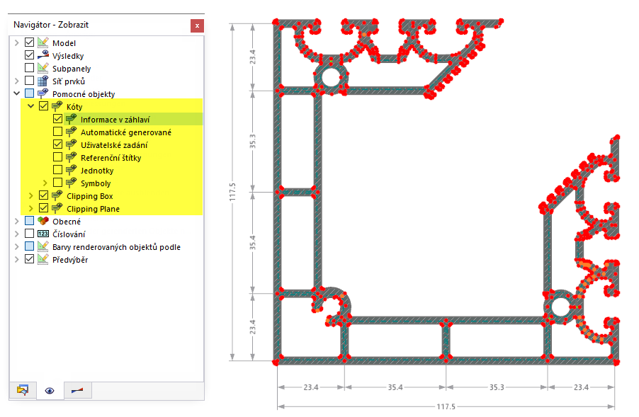 Zobrazit a skrýt kóty