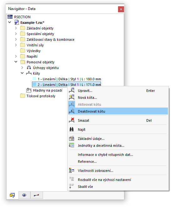 Individuální zobrazení a skrytí kót