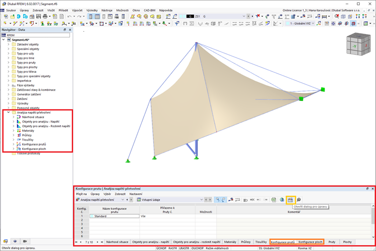 Kategorie pro analýzu napětí-přetvoření v navigátoru Data a v tabulkách