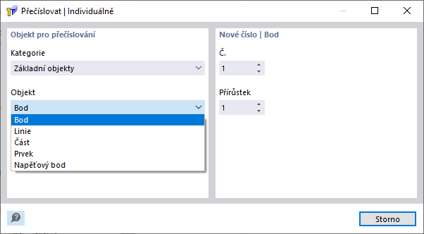 Individuální přečíslování objektů