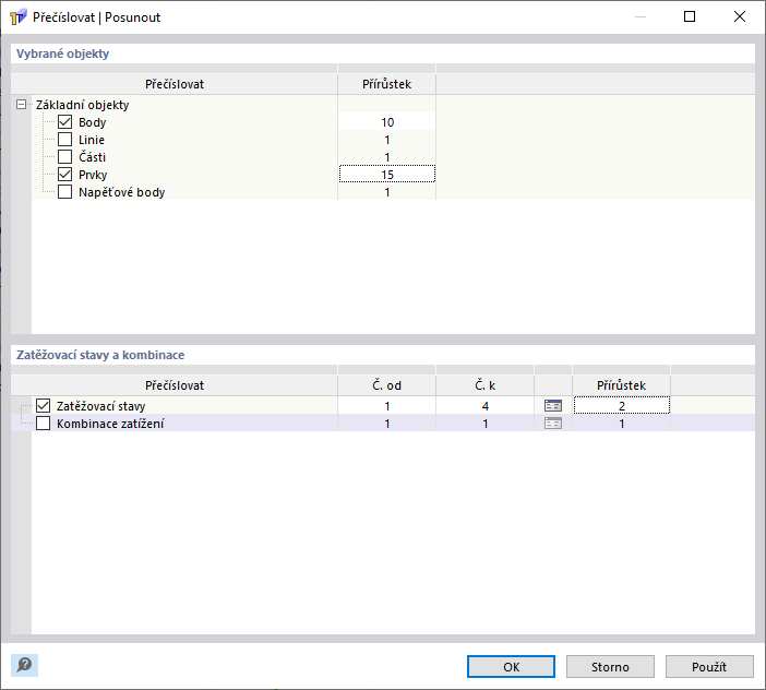 Přesun čísel objektů a zatěžovacích stavů