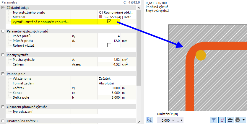 Výztuž umístěná v zakřiveném rohu třmínku
