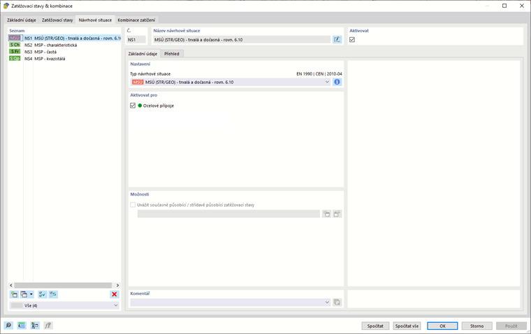 Aktivace návrhové situace pro posouzení ocelových přípojů