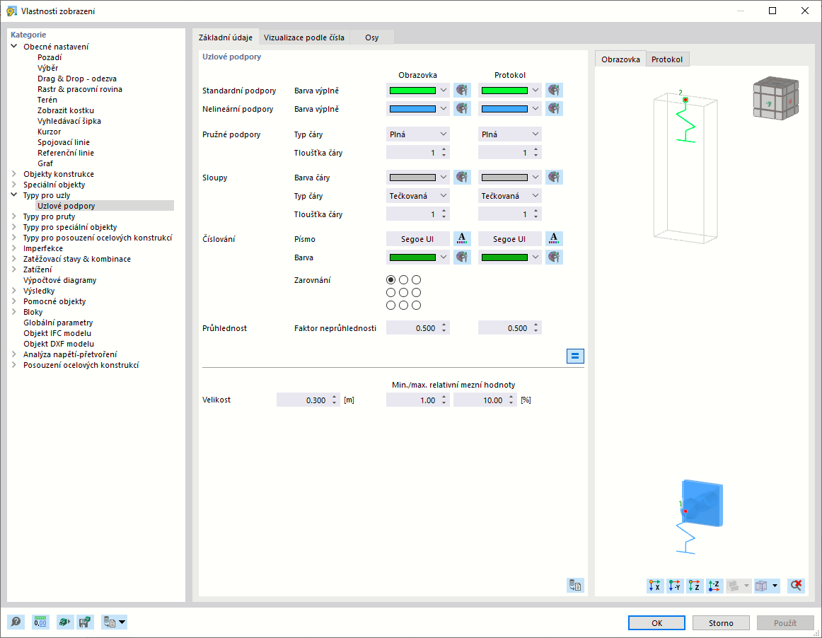 Vlastnosti zobrazení uzlové podpory