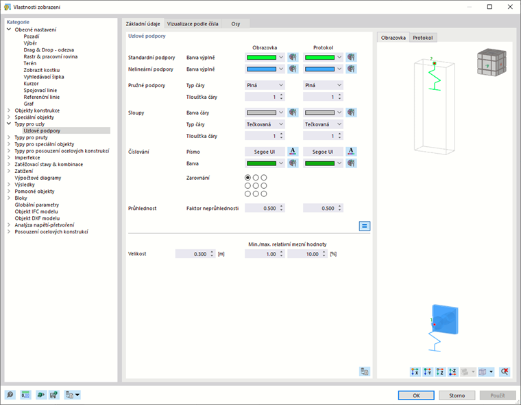 Vlastnosti zobrazení uzlové podpory