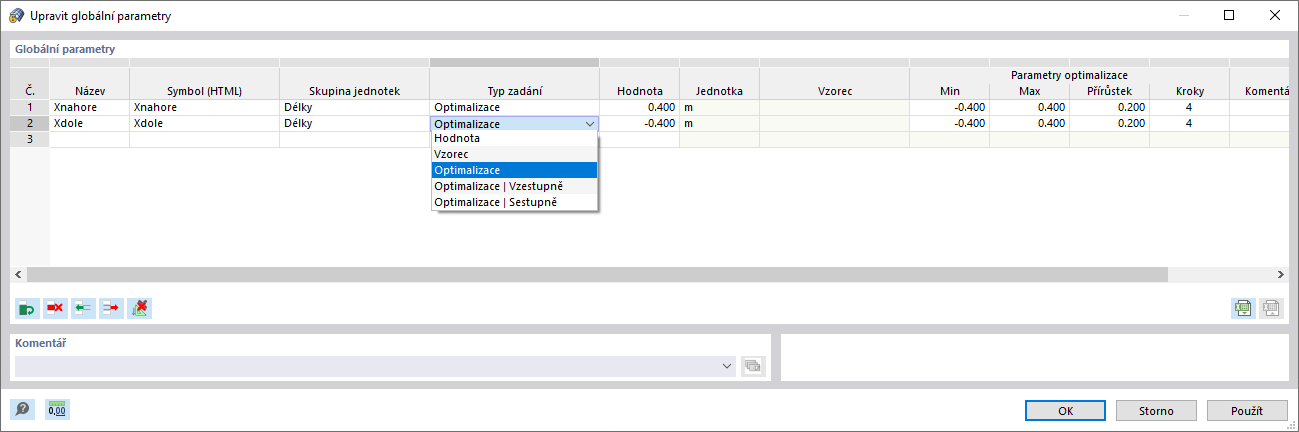Globální parametry typu zadání 'Optimalizace'