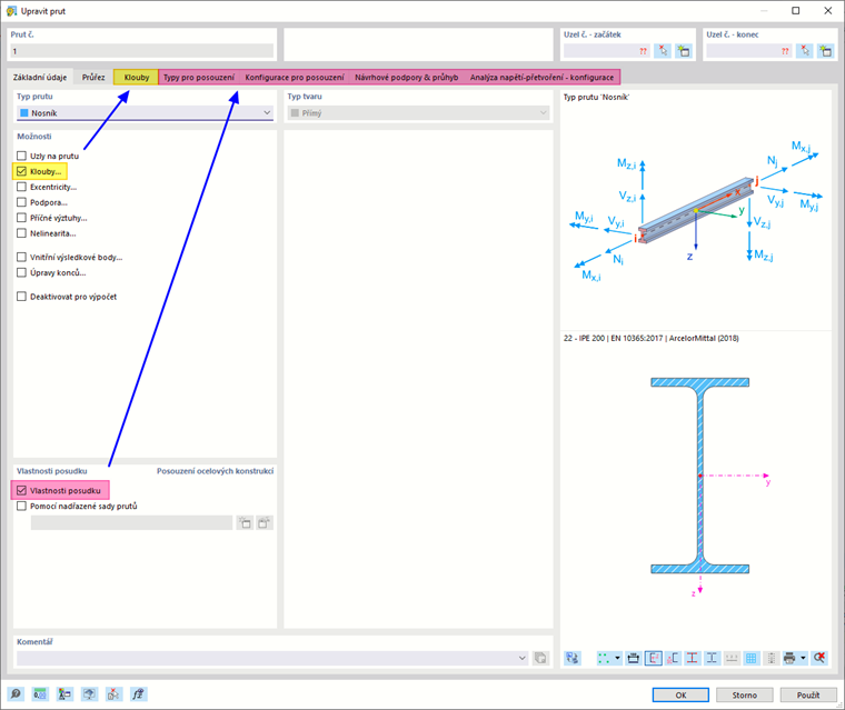 Vstupní dialog „Nový prut“ se záložkami pro vlastnosti kloubů a vlastnosti posouzení