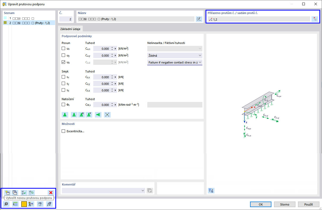 Dialog Upravit 'Upravit podporu prutů' s možnostmi přiřadit a vytvářet nové typy