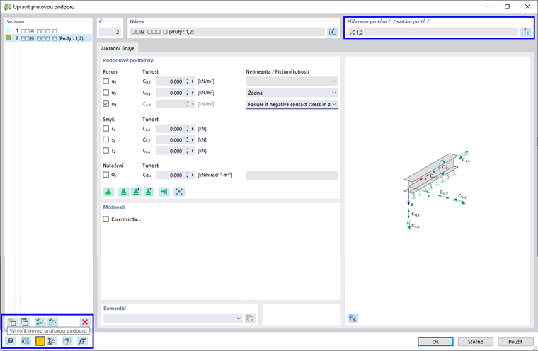 Dialog Upravit 'Upravit podporu prutů' s možnostmi přiřadit a vytvářet nové typy