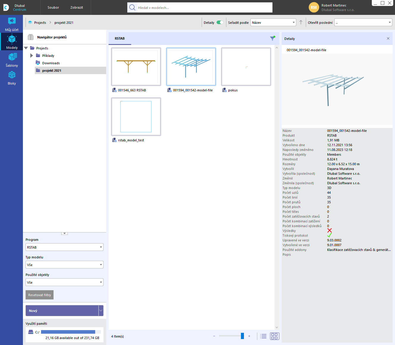 Uspořádání modelů v Dlubal centru