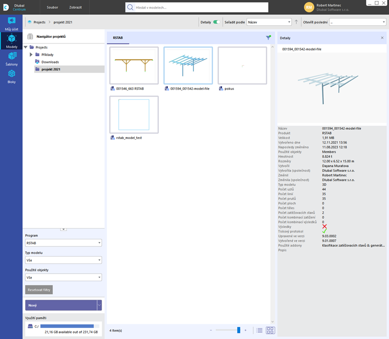 Uspořádání modelů v Dlubal centru