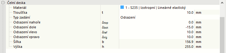Nastavení čelní desky - typ odsazení