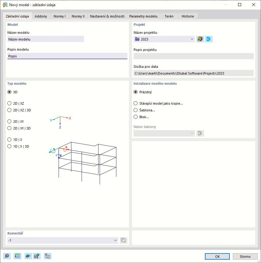 Dialog 'Nový model - základní údaje', záložka 'Addony'
