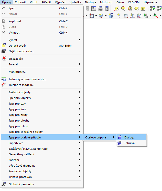 Hlavní nabídka „Úpravy“