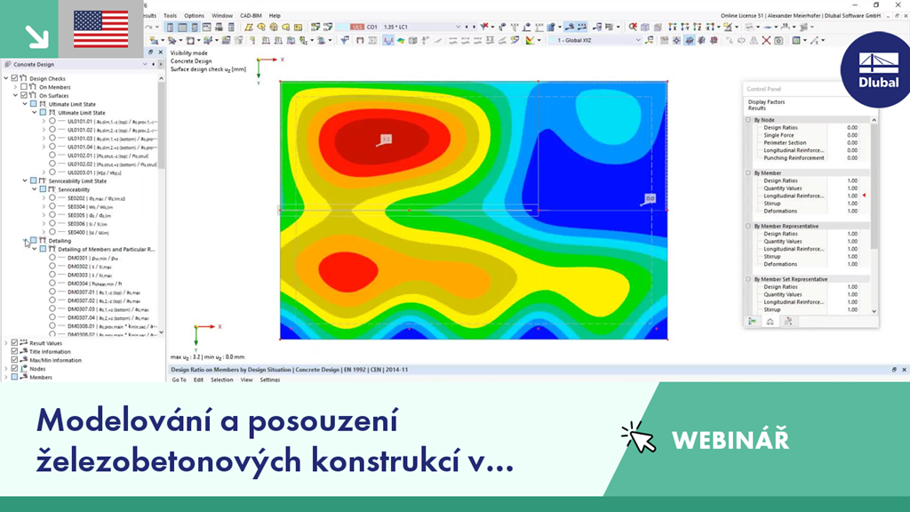 Presentation slide featuring strategies for modeling and designing reinforced concrete structures using RFEM 6 within a webinar setting.